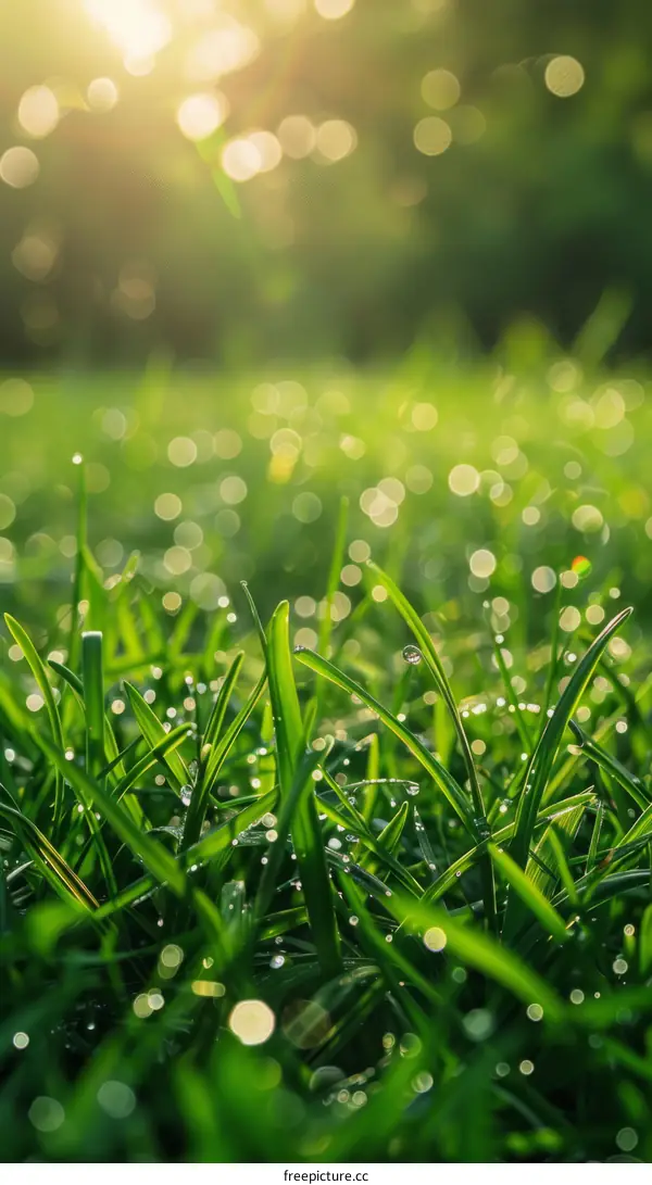 Close-up of green grass with dew drops in the morning sunlight