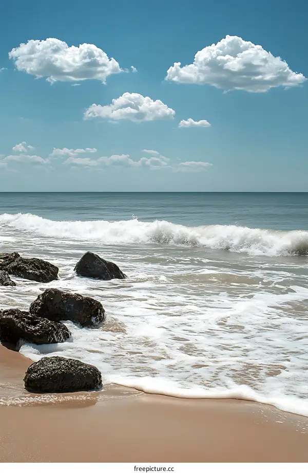 Beautiful Sandy Beach with Rocks and Blue Sky