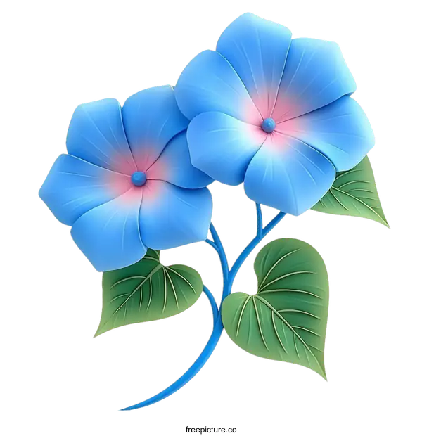 [Transparent Background PNG]Two Beautiful Light Blue Flowers with Green Leaves