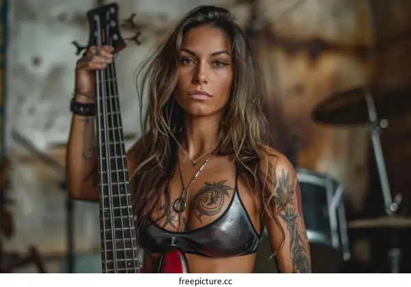portrait of a female musician holding a bass guitar