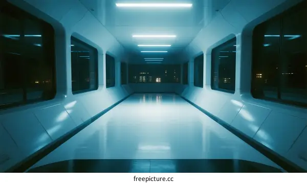 Long Corridor with Blue Lighting in Modern Building Interior