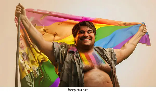 a man covered with rainbow flag with face painted