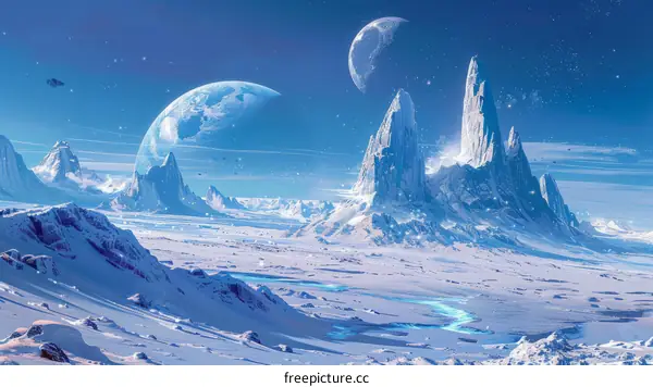 Ice Planet With Two Blue Moons