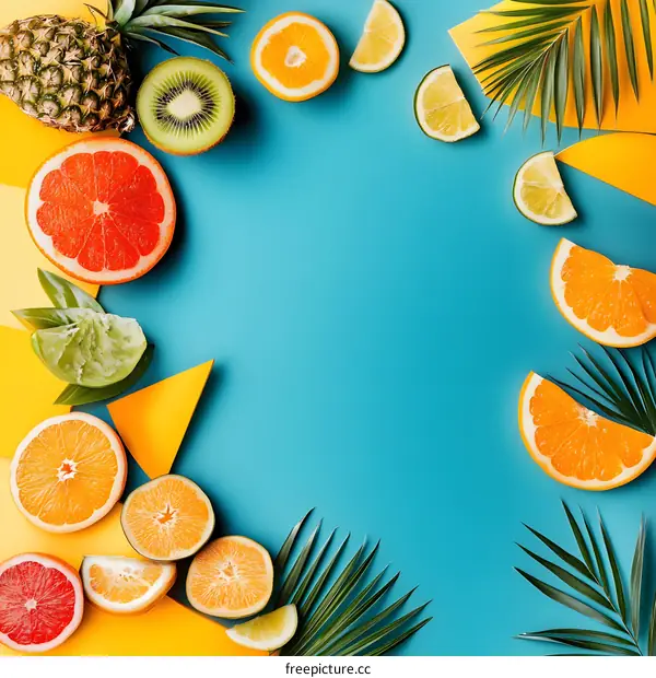 Tropical Fruits and Palm Leaves on Blue Background