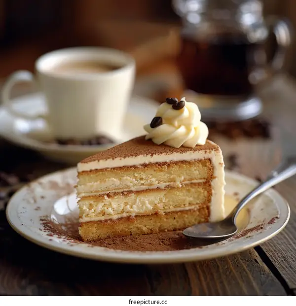 Tiramisu cake with coffee cup and coffee beans