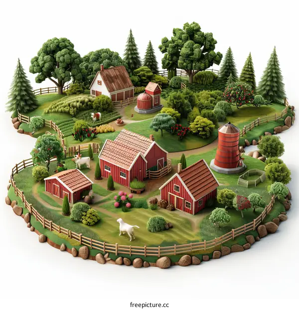 Isometric farm with red barn, windmill and grazing cows