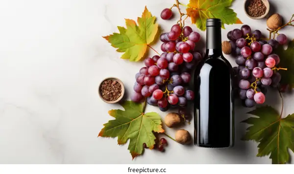 Still life with bottle of red wine, bunch of grapes and autumn leaves on marble background
