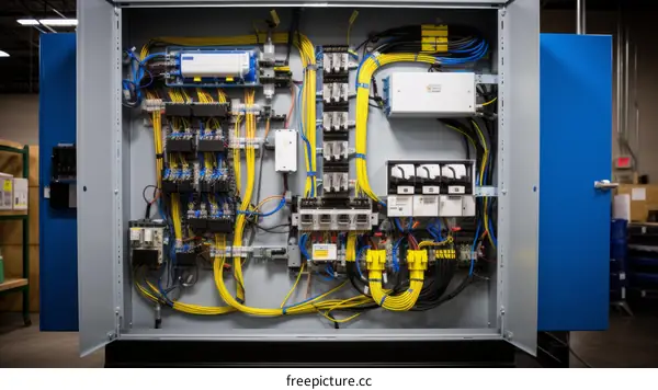 Industrial electrical control panel with fuses, circuit breakers and wires
