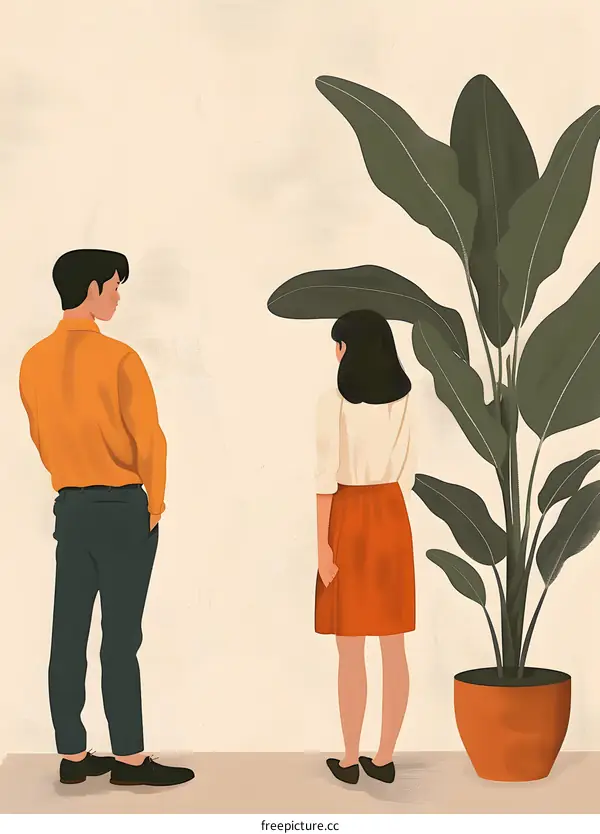 Couple Standing Back to Back With Plant Illustration
