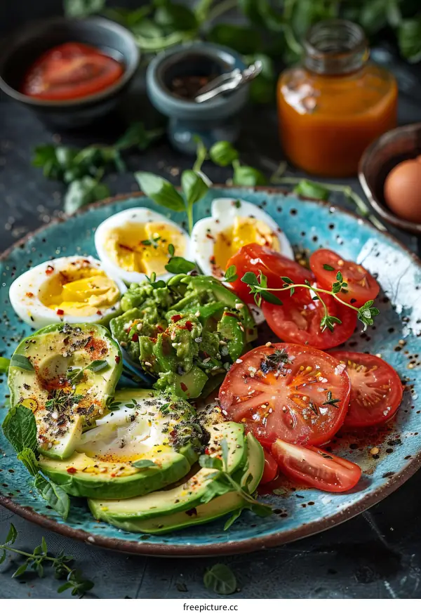 Healthy avocado and tomato salad with boiled eggs