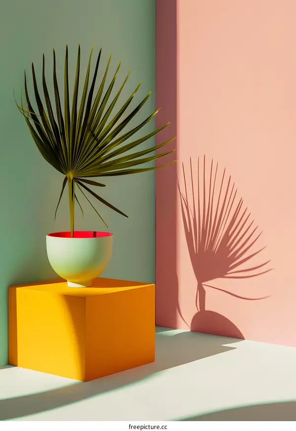 Green Leaf in a Bowl on a Yellow Cube with Pink and Blue Walls