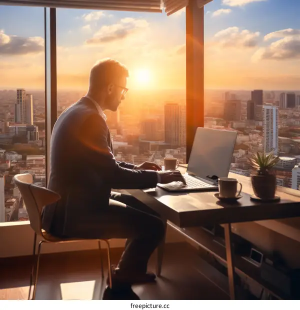 Businessman working on laptop in modern office with city view