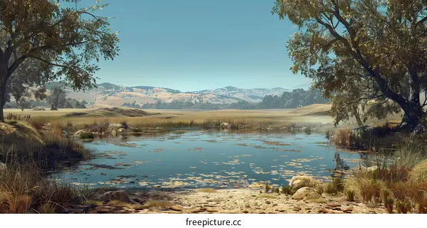 Serene Rural Landscape with Pond, Mountains and Forest
