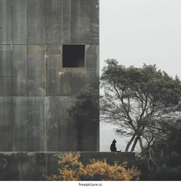 Black cat sitting on a ledge next to a concrete building