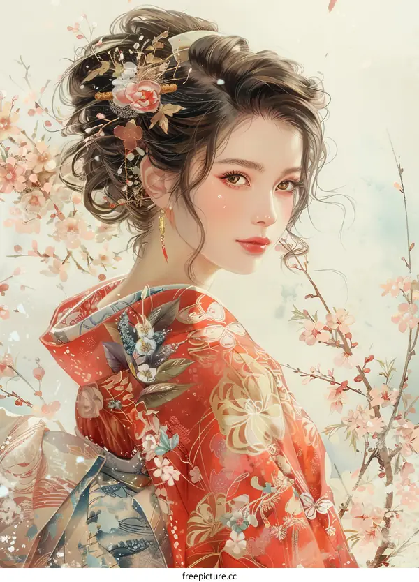 A beautiful Japanese woman in a red kimono with cherry blossoms in her hair