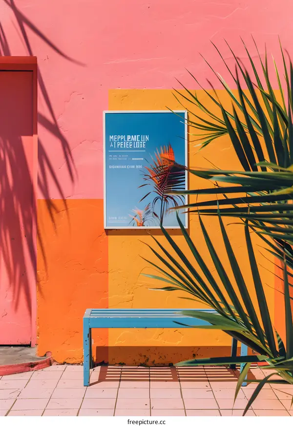 Colorful Wall With Palm Tree And Blue Bench