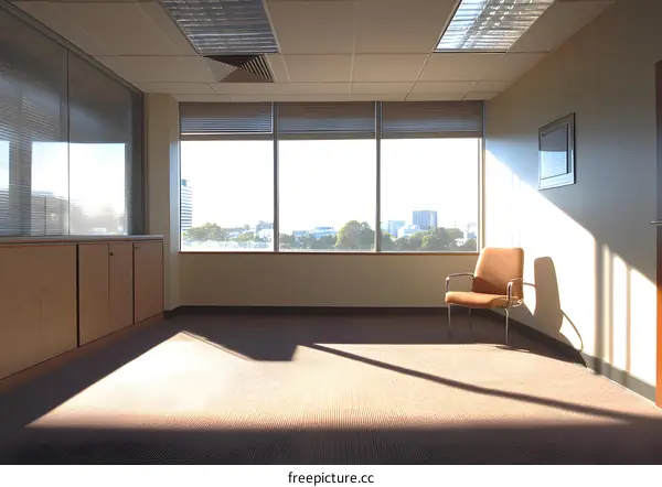 Empty Office Room with Window View of Cityscape