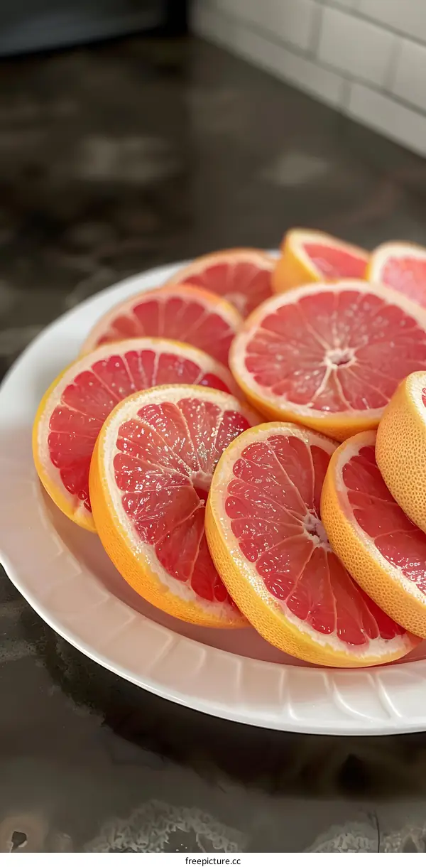 Close Up Of Slices Of Pink Grapefruit On A White Plate