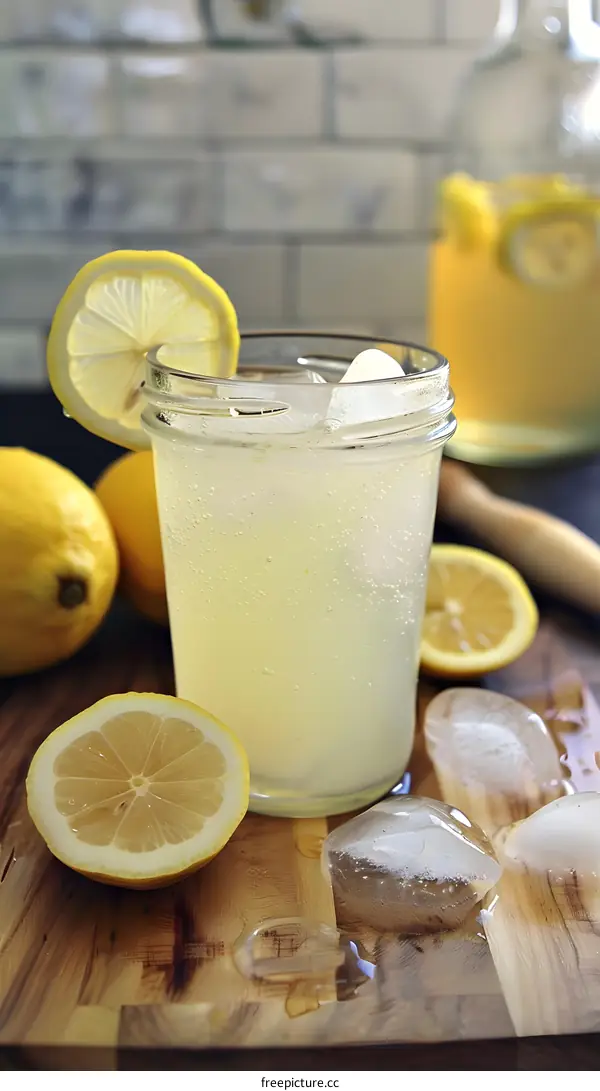 Glass of Lemonade with Ice and Lemon Slices on Wooden Cutting Board