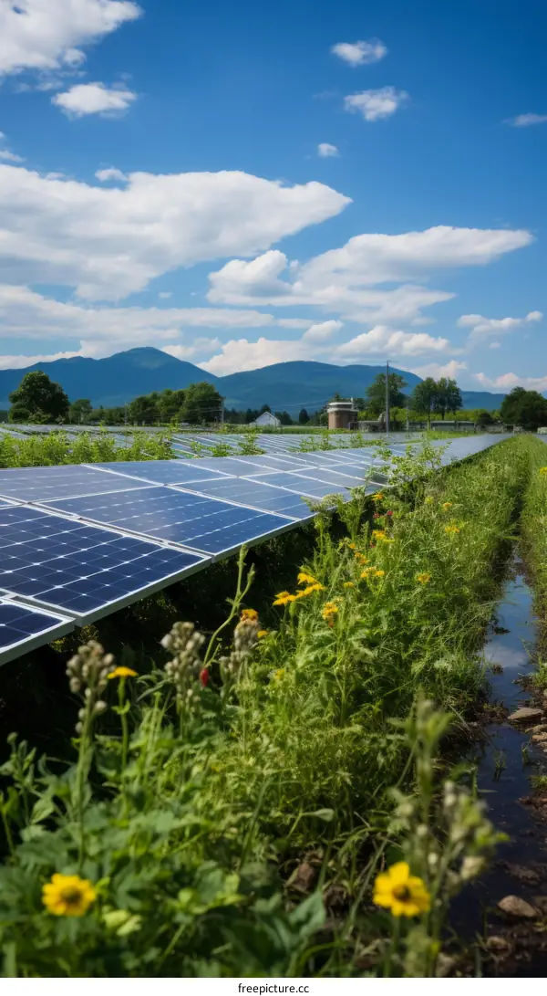 Large solar farm with wildflowers in foreground