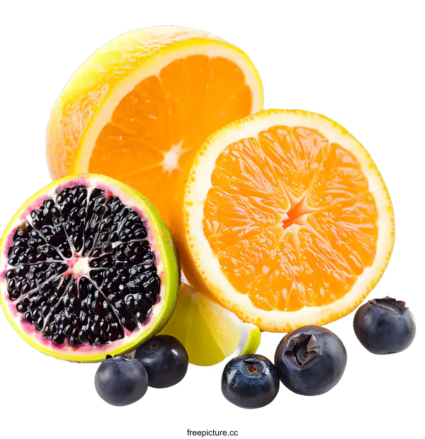 [Transparent Background PNG]Fresh Citrus Fruits and Blueberries on White Background