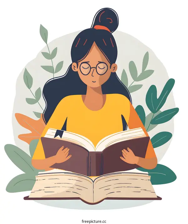 Woman Reading Book with Green Leaves Around Her