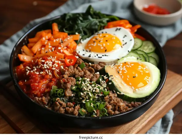 Korean rice dish with egg, cucumber, carrot and spinach
