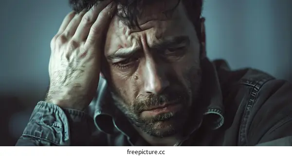 A man is crying with his hand on his head