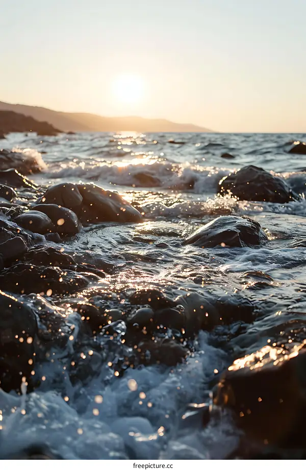 Golden Sunset Over Rocks and Waves