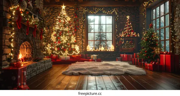 Cozy Christmas Scene with Fireplace, Tree, and Presents
