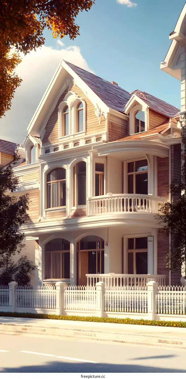 White Fence and Victorian House with Balcony