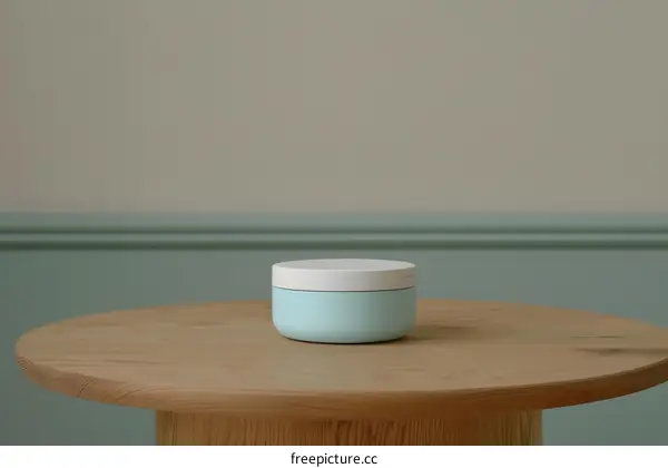 Blue Jar on Wooden Table Against Light Green Wall