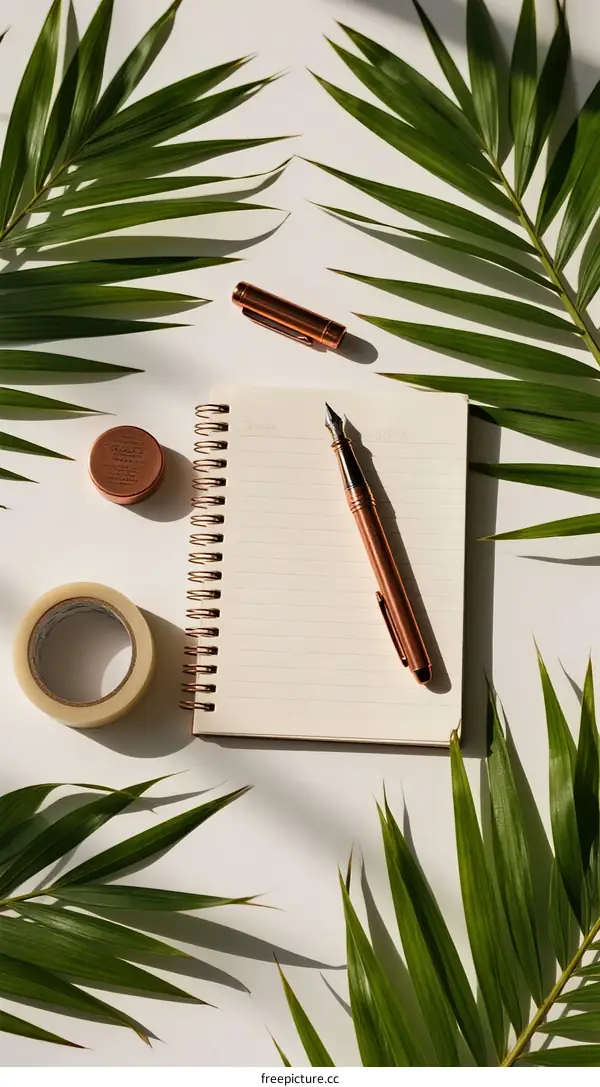 Minimalist office workspace with green leaves and stationery items