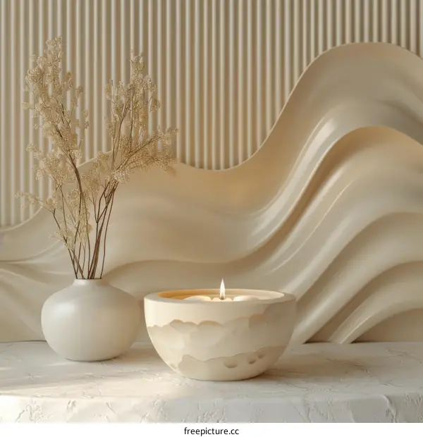 Elegant Beige Candle Display with Decorative Vase