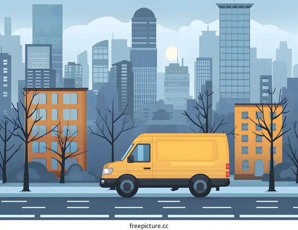 Yellow Delivery Van Driving on City Street