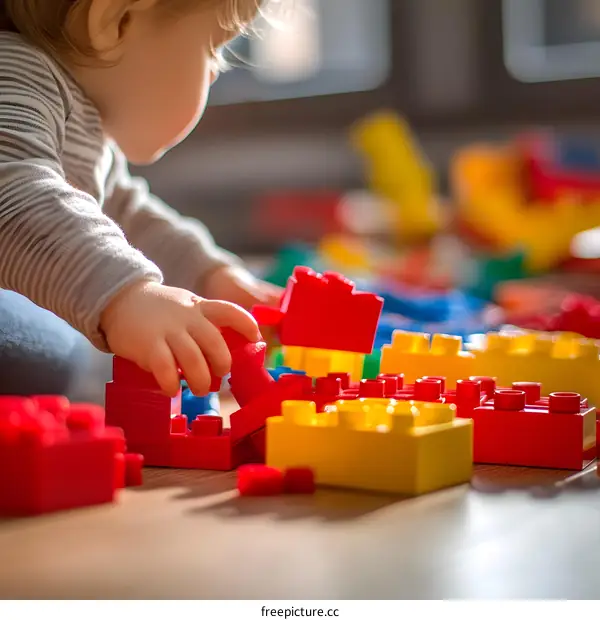 Baby Playing With Colorful Building Blocks On Wooden Floor