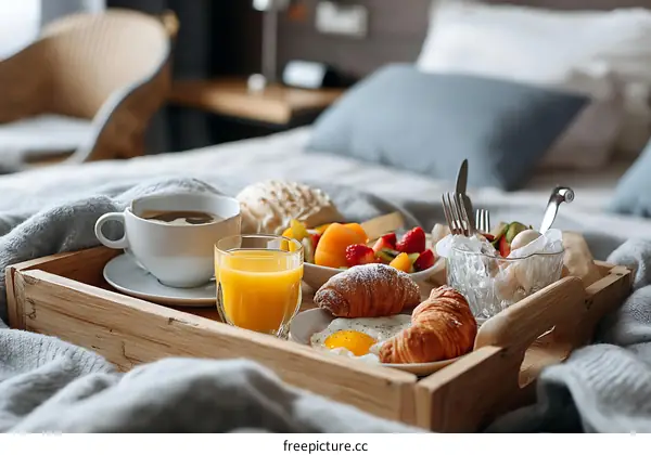 Breakfast Tray on Bed with Coffee and Croissants