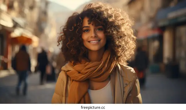 Portrait of a beautiful young woman with curly hair smiling in the street