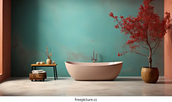 Bathroom with a pink bathtub, a red tree, and a green wall