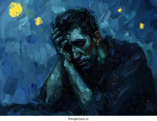 A man is sitting with his hands on his head