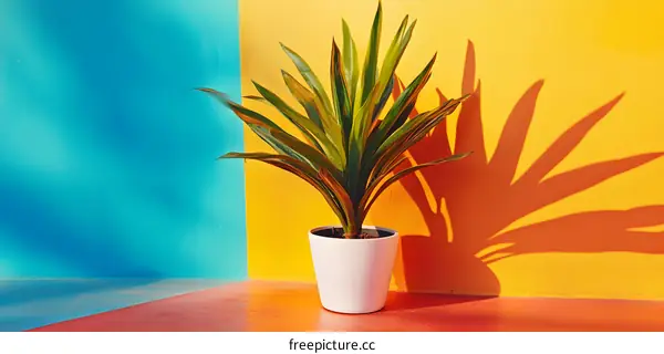 Green Plant in White Pot on Colorful Wall Background
