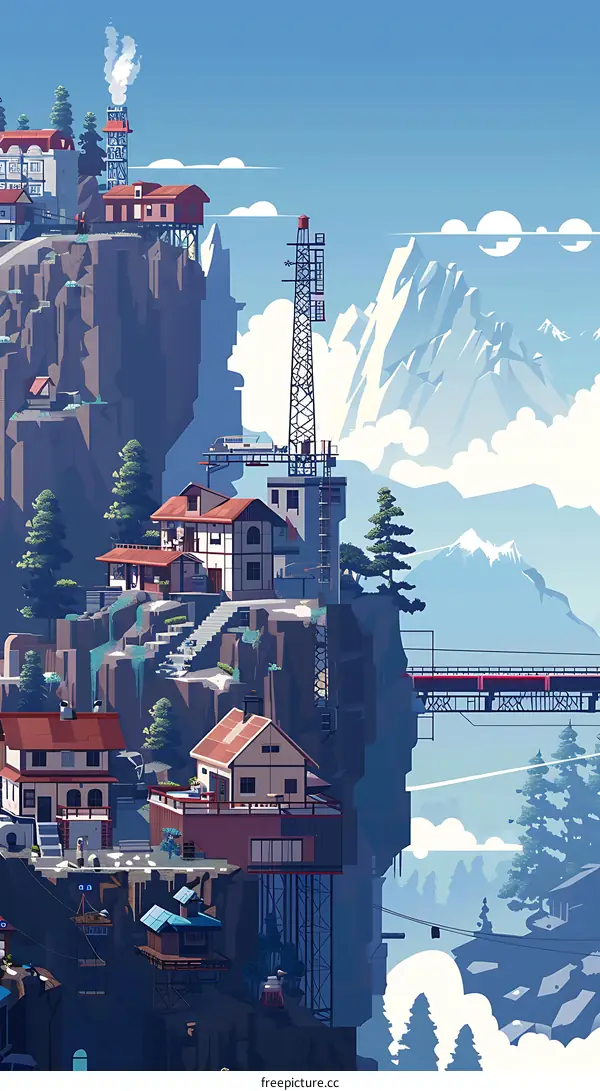 Mountain Village with Cable Car and Bridge