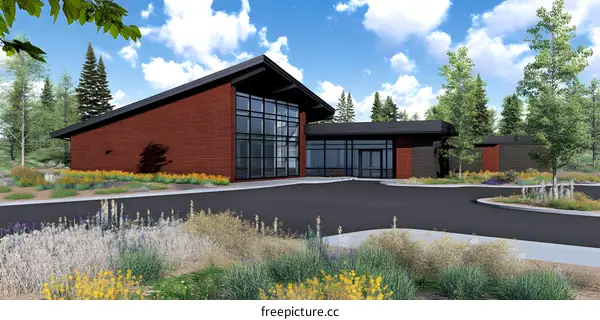 Modern Brick Building with Large Windows and Landscaping