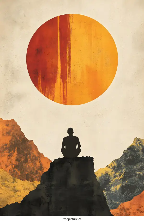 Silhouette of a Man Sitting on Mountaintop with Large Red Sun