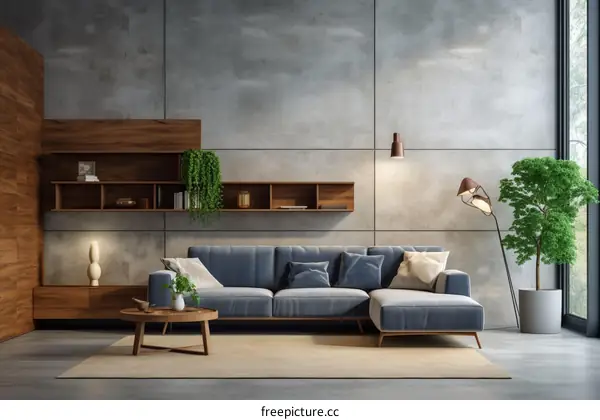 Modern living room interior with blue sofa and wooden shelf