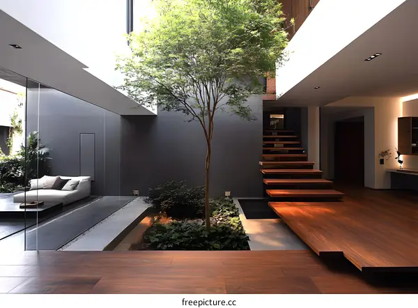 Modern Minimalist Courtyard Design With Indoor Tree