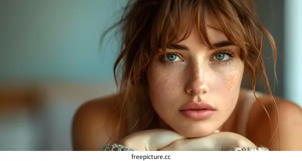 portrait of a young woman with freckles and blue eyes
