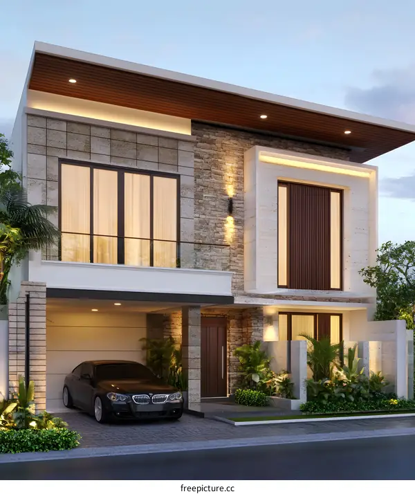 Modern House Design with Stone Facade and a Car in the Garage
