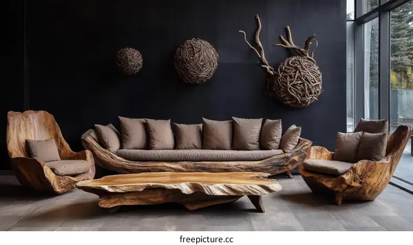 Modern Rustic Living Room with Unique Wooden Furniture