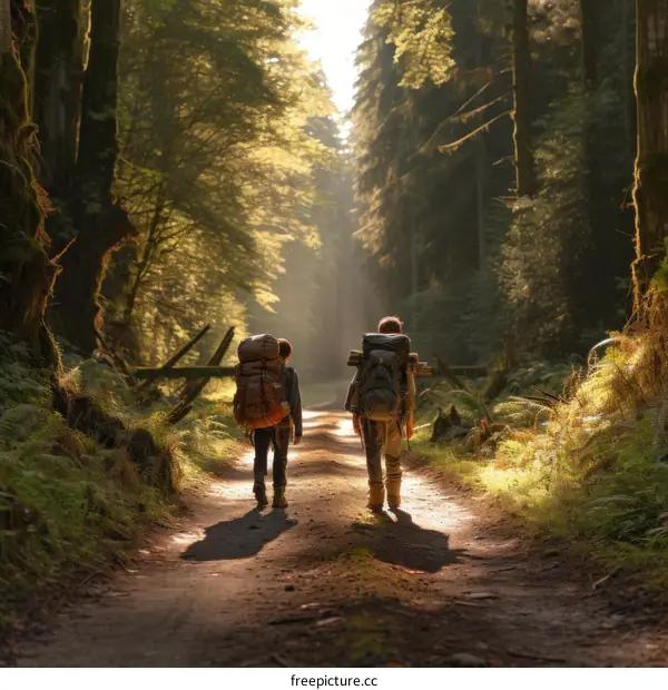 Two people hiking in a forest on a dirt path with large backpacks on their backs